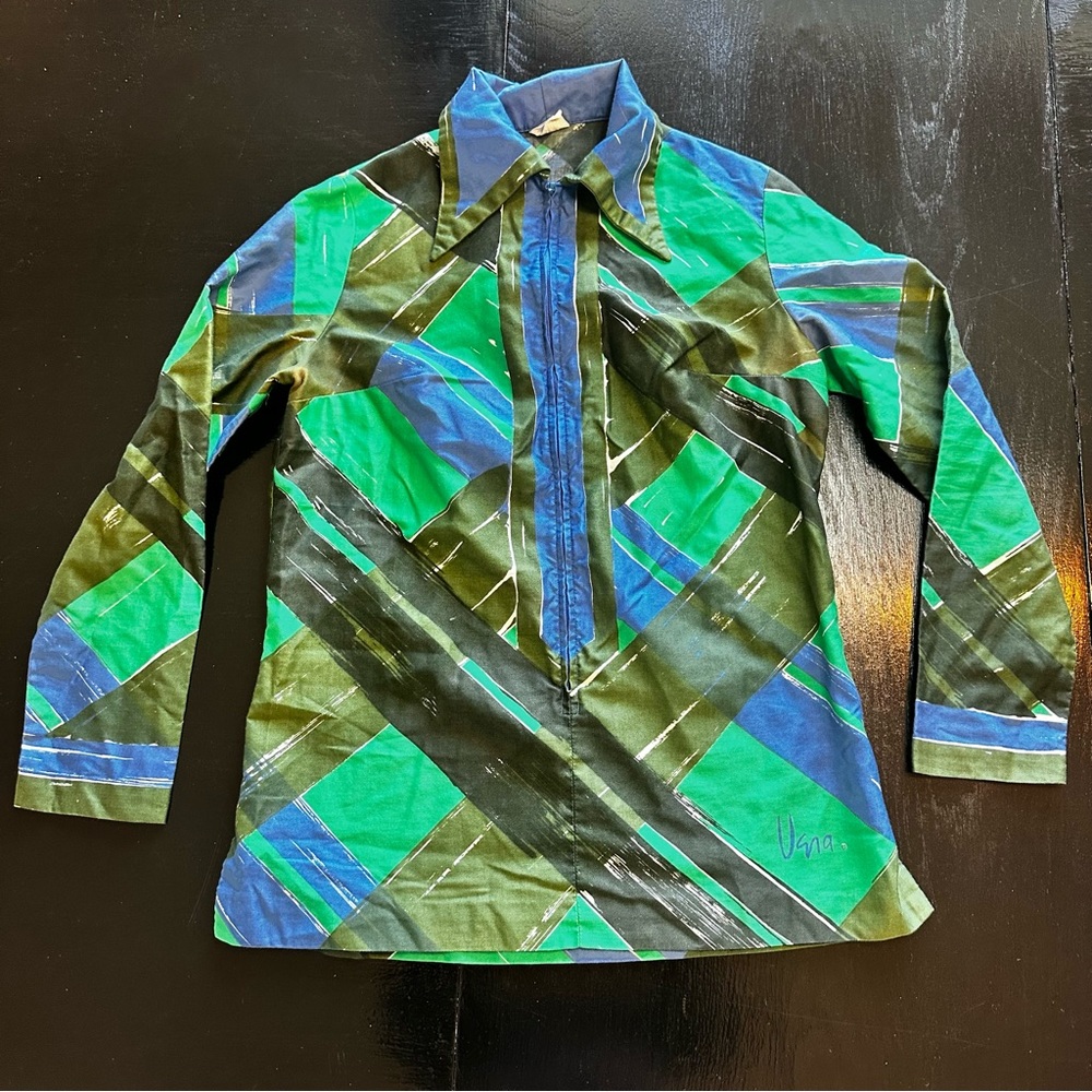 Vintage Vana Green and Blue Zip Up Shirt 70s 80s unique Art deco pop statement